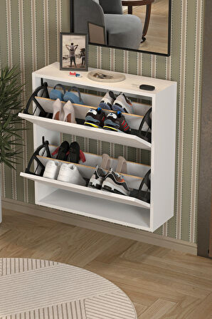 Düşer Kapak Ayakkabılık 2 Bölmeli Kayar Raflı Ayakkabılık Duvara Monte Ayakkabılık Peri Beyaz