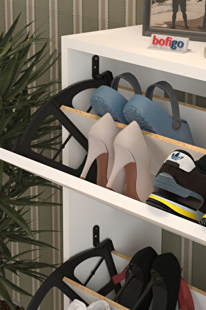 Düşer Kapak Ayakkabılık 2 Bölmeli Kayar Raflı Ayakkabılık Duvara Monte Ayakkabılık Peri Beyaz