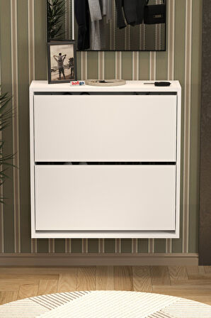 Düşer Kapak Ayakkabılık 2 Bölmeli Kayar Raflı Ayakkabılık Duvara Monte Ayakkabılık Peri Beyaz