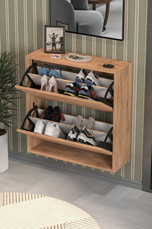 Düşer Kapak Ayakkabılık 2 Bölmeli Kayar Raflı Ayakkabılık Duvara Monte Ayakkabılık Peri Çam