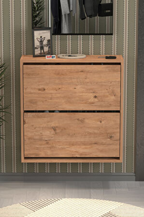 Düşer Kapak Ayakkabılık 2 Bölmeli Kayar Raflı Ayakkabılık Duvara Monte Ayakkabılık Peri Çam