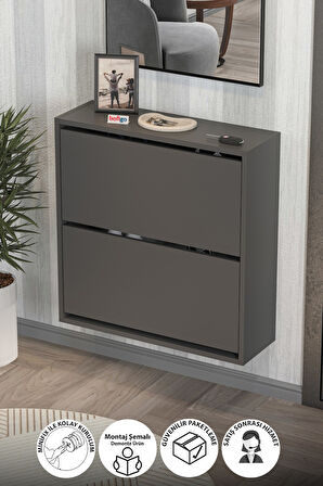 Düşer Kapak Ayakkabılık 2 Bölmeli Kayar Raflı Ayakkabılık Duvara Monte Ayakkabılık Peri Antrasit