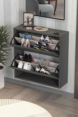 Düşer Kapak Ayakkabılık 2 Bölmeli Kayar Raflı Ayakkabılık Duvara Monte Ayakkabılık Peri Antrasit