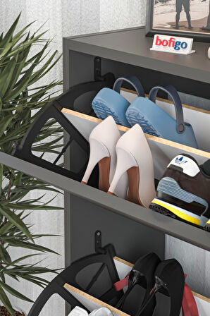 Düşer Kapak Ayakkabılık 2 Bölmeli Kayar Raflı Ayakkabılık Duvara Monte Ayakkabılık Peri Antrasit