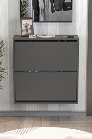 Düşer Kapak Ayakkabılık 2 Bölmeli Kayar Raflı Ayakkabılık Duvara Monte Ayakkabılık Peri Antrasit