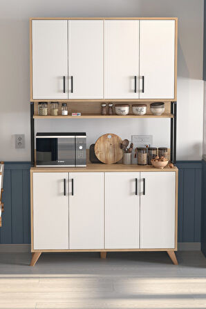 8 Kapaklı Çok Amaçlı Dolap Defne Mutfak Dolabı Erzak Dolabı Kiler Dolabı Safir Meşe Beyaz