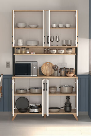 8 Kapaklı Çok Amaçlı Dolap Defne Mutfak Dolabı Erzak Dolabı Kiler Dolabı Safir Meşe Beyaz