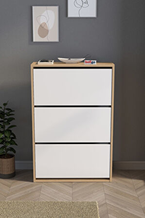 Düşer Kapak Ayakkabılık Kayar Raflı Ayakkabılık 3 Bölmeli Ayakkabılık Melek Safir Meşe Beyaz