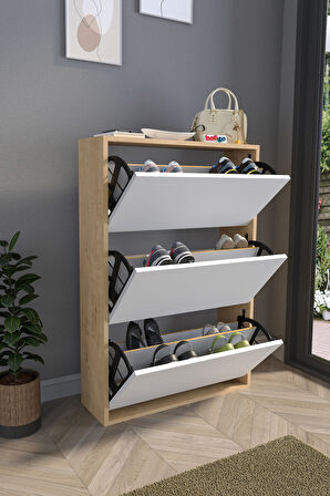 Düşer Kapak Ayakkabılık Kayar Raflı Ayakkabılık 3 Bölmeli Ayakkabılık Melek Safir Meşe Beyaz