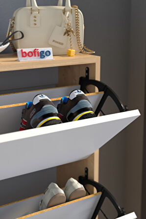 Düşer Kapak Ayakkabılık Kayar Raflı Ayakkabılık 3 Bölmeli Ayakkabılık Melek Safir Meşe Beyaz