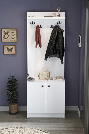 2 Kapaklı Portmanto Elbise Askılığı Vestiyer Ayakkabılık Askılık Güneş Beyaz