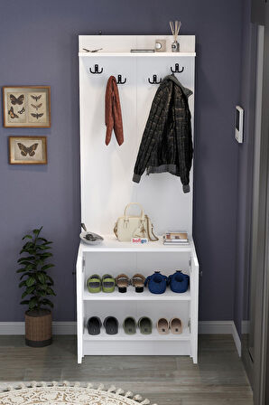 2 Kapaklı Portmanto Elbise Askılığı Vestiyer Ayakkabılık Askılık Güneş Beyaz