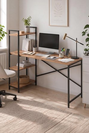 120X55 Cm Raflı Çalışma Masası Bilgisayar Masası Ofis Masası Ders Masası Cervantes Çam
