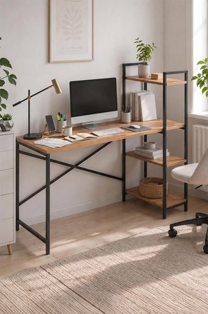 120X55 Cm Raflı Çalışma Masası Bilgisayar Masası Ofis Masası Ders Masası Cervantes Çam