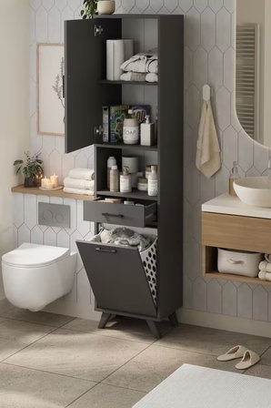 Bofigo Çok Amaçlı Dolap Banyo Dolabı Kirli Çamaşır Sepeti Dolabı Şelale Antrasit