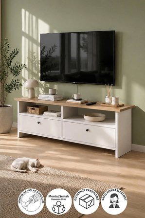 Bofigo Tv Sehpası 2 Kapaklı Tv Ünitesi Televizyon Sehpası 120 x 30 Cm Santorini Safir Meşe Beyaz