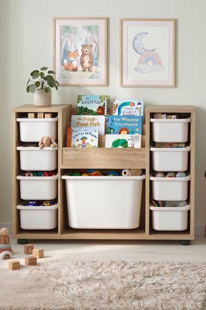9 Sepetli Dolap Oyuncak Dolabı Çok Amaçlı Dolap Montessori Kitaplıklı Aden Safir Meşe