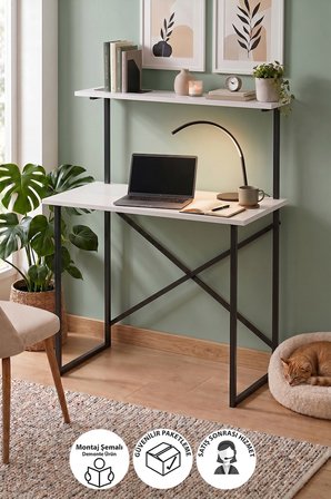 90x45 Cm Raflı Çalışma Masası Laptop Masası Çocuk Çalışma Masası Ders Masası Atay Beyaz