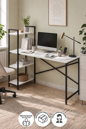 120X55 Cm Raflı Çalışma Masası Bilgisayar Masası Ofis Masası Ders Masası Cervantes Beyaz