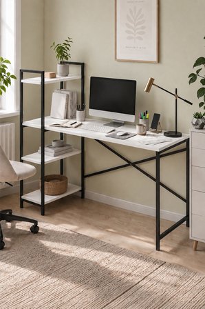 120X55 Cm Raflı Çalışma Masası Bilgisayar Masası Ofis Masası Ders Masası Cervantes Beyaz