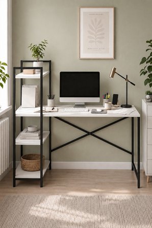 120X55 Cm Raflı Çalışma Masası Bilgisayar Masası Ofis Masası Ders Masası Cervantes Beyaz