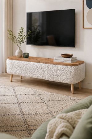 Sandıklı TV Ünitesi Teddy Kumaş Kaplamalı Ahşap Ayaklı Modern TV Ünitesi Sarven Beyaz