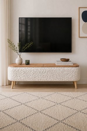 Sandıklı TV Ünitesi Teddy Kumaş Kaplamalı Ahşap Ayaklı Modern TV Ünitesi Sarven Beyaz