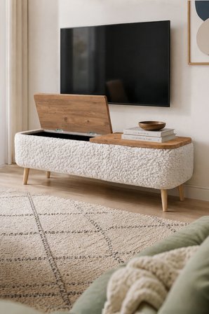 Sandıklı TV Ünitesi Teddy Kumaş Kaplamalı Ahşap Ayaklı Modern TV Ünitesi Sarven Beyaz