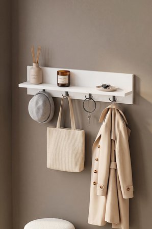 Portmanto Duvar Askılığı Elbise Askılığı Raflı Duvar Askılığı Sirius Beyaz 72 Cm