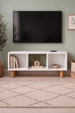 Tv Sehpası 3 Raflı TV Ünitesi Televizyon Sehpası Küba Beyaz