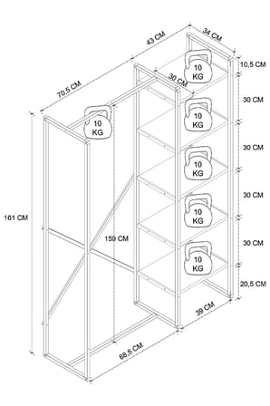 5 Raflı Metal Gardırop Metal Portmanto Açık Gardırop Elbise Dolabı Metal Askılık Vestiyer Loftix Çam