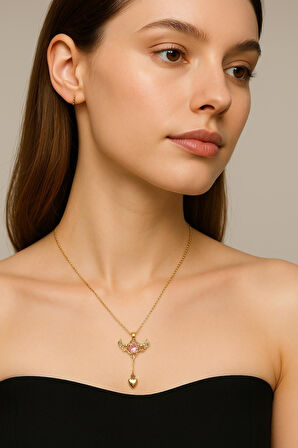 Melek Kanatlı Kalp Taşlı Çelik Kolye