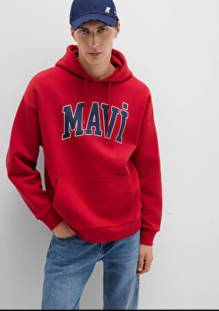 Mavi Kapüşon Yaka Koyu Kırmızı Erkek Sweatshırt DMK.M067149-70464_MAVİ BASKI SWEATSHIRT