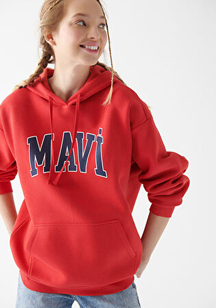 Mavi Logo Baskılı Kırmızı Kapüşonlu Sweatshirt 1600361-82054