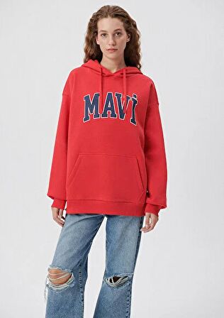 M1600361-82054 Mavi Mavi Logo Kapüşonlu  Kadın Sweat Acı Kırmızı