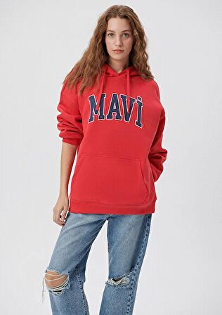 M1600361-82054 Mavi Mavi Logo Kapüşonlu  Kadın Sweat Acı Kırmızı