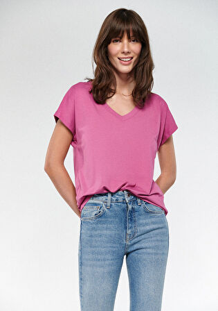 Mavi V Yaka Pembe Basic Tişört 167714-70955