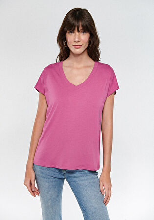 Mavi V Yaka Pembe Basic Tişört 167714-70955