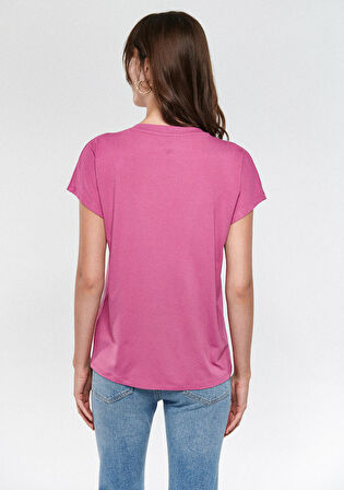 Mavi V Yaka Pembe Basic Tişört 167714-70955