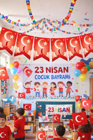 23 Nisan Kırlangıç Bayrak Flama Atatürk ve Türk Bayrak Baskılı Parti Süsleme