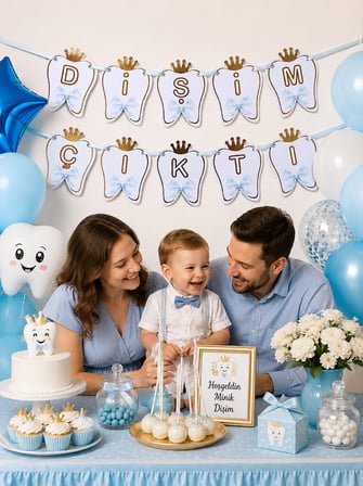 Dişim Çıktı Mavi Erkek Çocuk Diş Buğdayı Karton Yazı Lüx Banner Parti Süsü