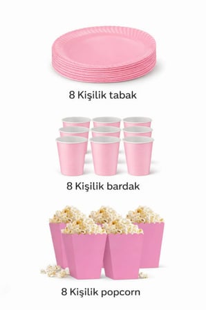 Dehaparty Pembe 8 Kişilik Parti Seti - Karton Tabak, Bardak ve Mısır Kutusu