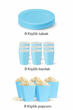 Dehaparty Mavi Karton Tabak, Bardak ve Mısır Kutusu Parti Seti (8'li)
