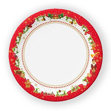 Yılbaşı Tabak orta beyaz kenar çelenk süslü 23 cm 8 li yılbaşı karton tabak yılbaşı sofrası