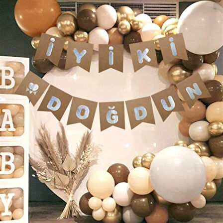 İyi ki Doğdun Banner Kraft renk üstüne Gümüş Karton Doğum Günü Yazısı Flama