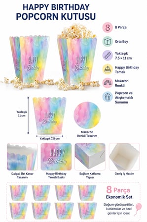 Mısır Kutusu Popcorn Kutusu Happy Birthday Makaron 8'li 7.5x11 cm Doğum Günü Parti Sunum Kutusu