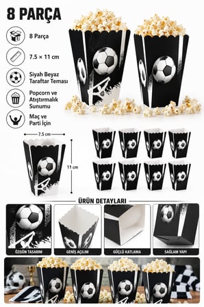 Mısır Kutusu Popcorn Kutusu 8'li Taraftar Siyah Beyaz 7.5x11 cm Maç Parti Atıştırmalık Kutusu