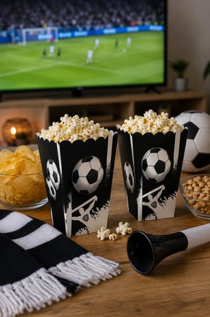 Mısır Kutusu Popcorn Kutusu 8'li Taraftar Siyah Beyaz 7.5x11 cm Maç Parti Atıştırmalık Kutusu