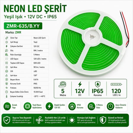 ZMR ZMR-635/B.YY Neon LED Şerit Yeşil 12 Volt 120 LED'li 5 Metre