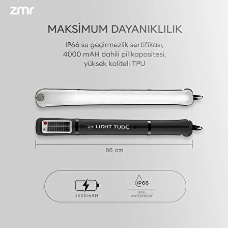 Taşınabilir Kamp Led Lambası, Solar Panelli Light Tube, İP66 Tüm Ortam Kullanımlarına Uygun